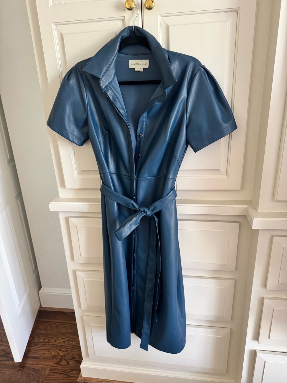 Sachin + Babi Teal Blue Faux-Leather Midi Shirt Dress